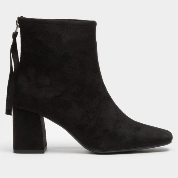 New Black Square Toe Chunky Heel Ankle Boots Booties - Picture 1 of 3